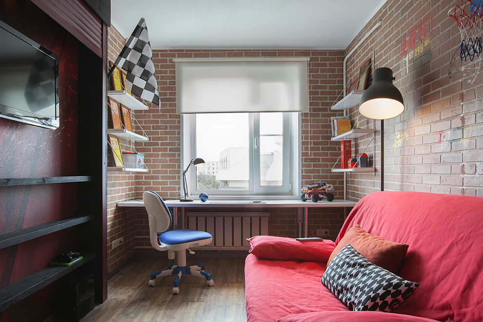 Urban kids' bedroom for boys in Moscow with dark hardwood flooring and multi-coloured walls.