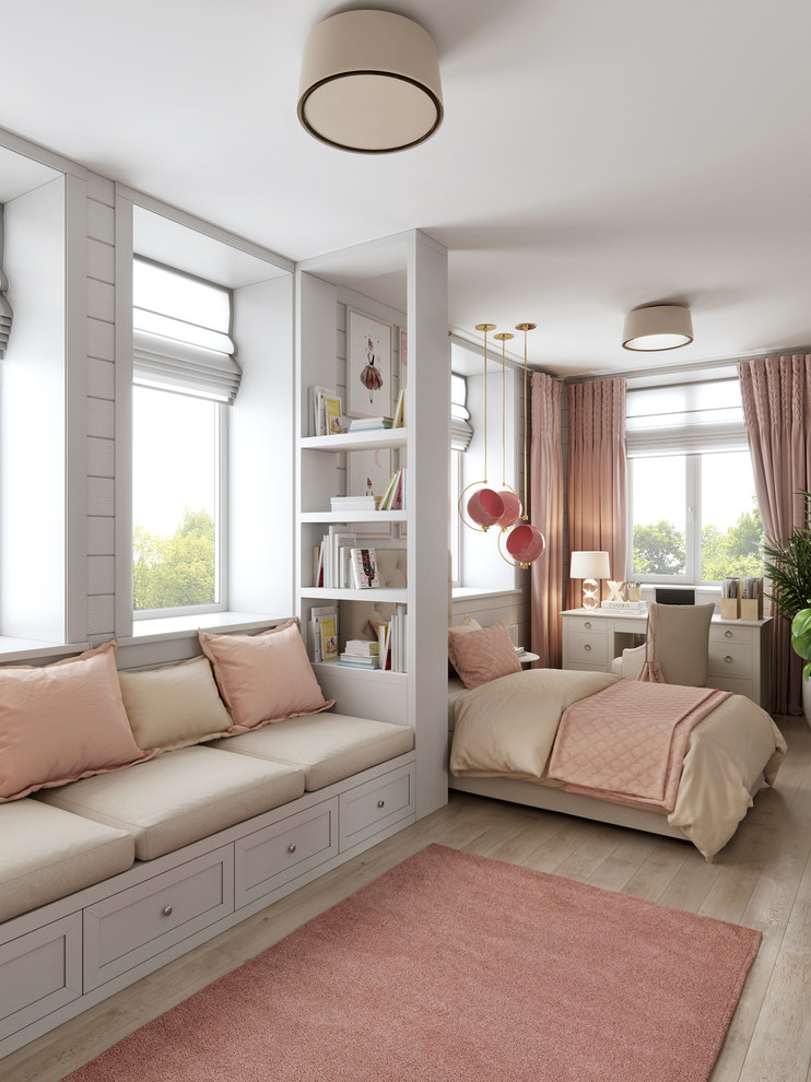 Ejemplo de dormitorio infantil de estilo de casa de campo de tamaño medio con paredes blancas, suelo de madera clara y suelo beige