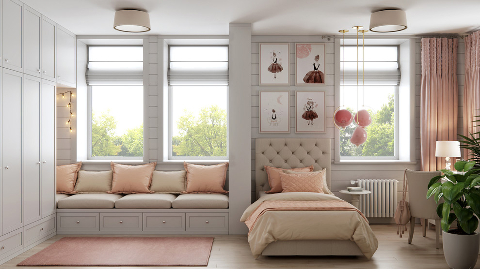Design ideas for a medium sized farmhouse teen’s room for girls in Valencia with white walls, light hardwood flooring and beige floors.