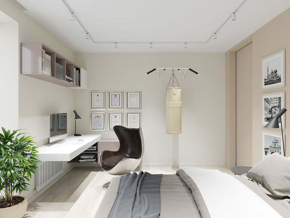 Exemple d'une chambre d'enfant tendance de taille moyenne avec un bureau, un mur beige, un sol en bois brun, un sol beige et un plafond décaissé.