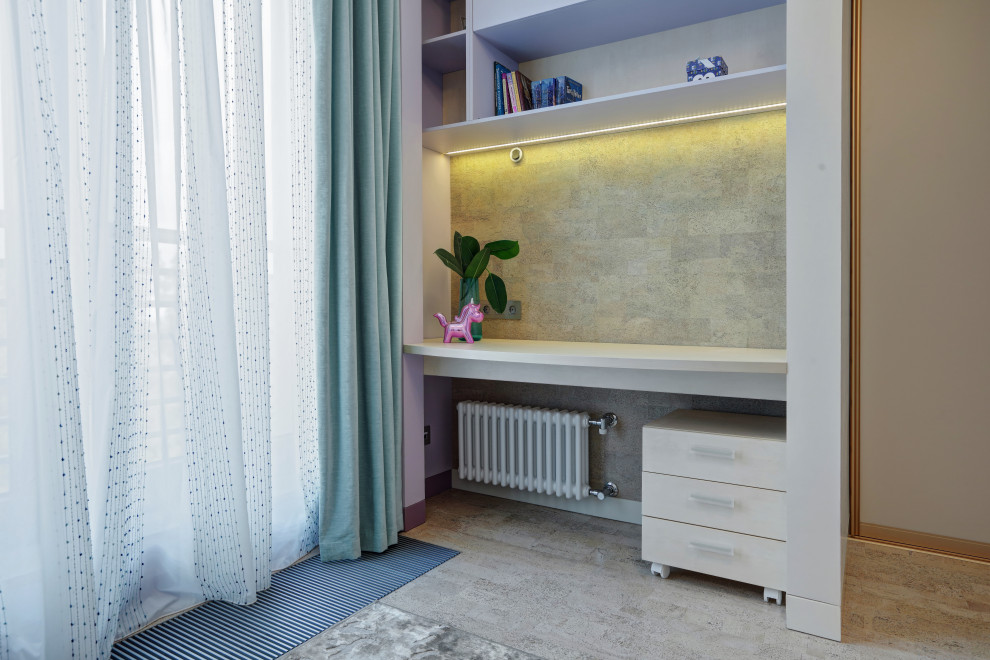 This is an example of a contemporary teen’s room for girls in Saint Petersburg with cork flooring, beige floors, wallpapered walls and multi-coloured walls.