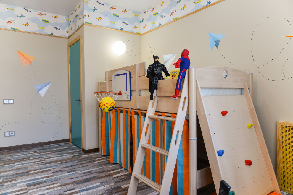 Design ideas for a contemporary kids' bedroom for boys in Moscow with cork flooring.
