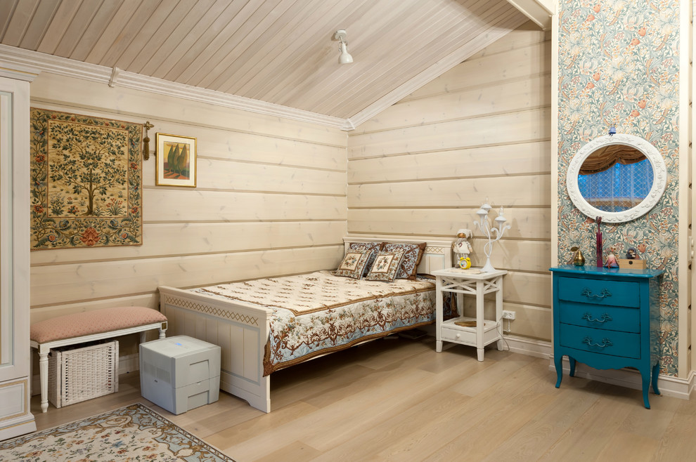 Design ideas for a medium sized rustic kids' bedroom for girls in Saint Petersburg with light hardwood flooring.