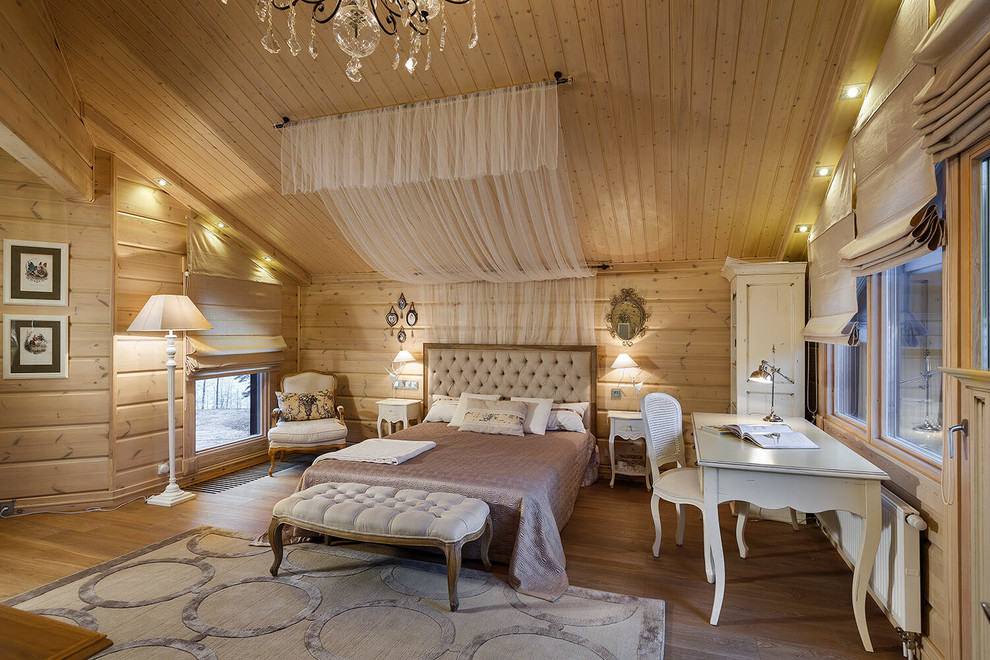 Modelo de habitación de niña rural con paredes beige y suelo de madera clara