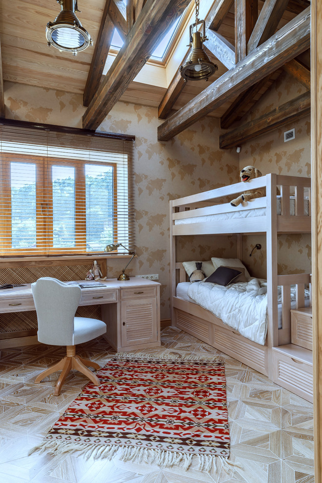 This is an example of a farmhouse gender neutral kids' bedroom in Other with beige walls, light hardwood flooring and beige floors.