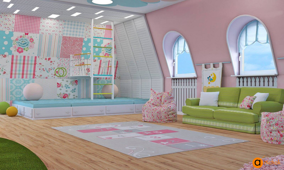 Foto på ett stort funkis flickrum kombinerat med lekrum och för 4-10-åringar, med rosa väggar, laminatgolv och flerfärgat golv