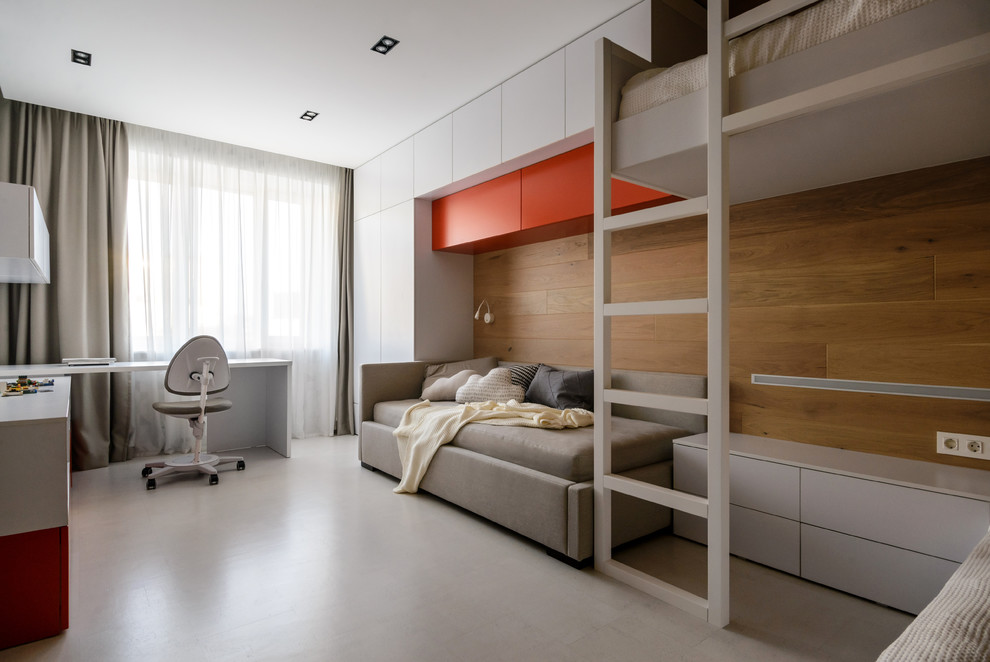 Diseño de dormitorio infantil actual con paredes marrones y suelo blanco