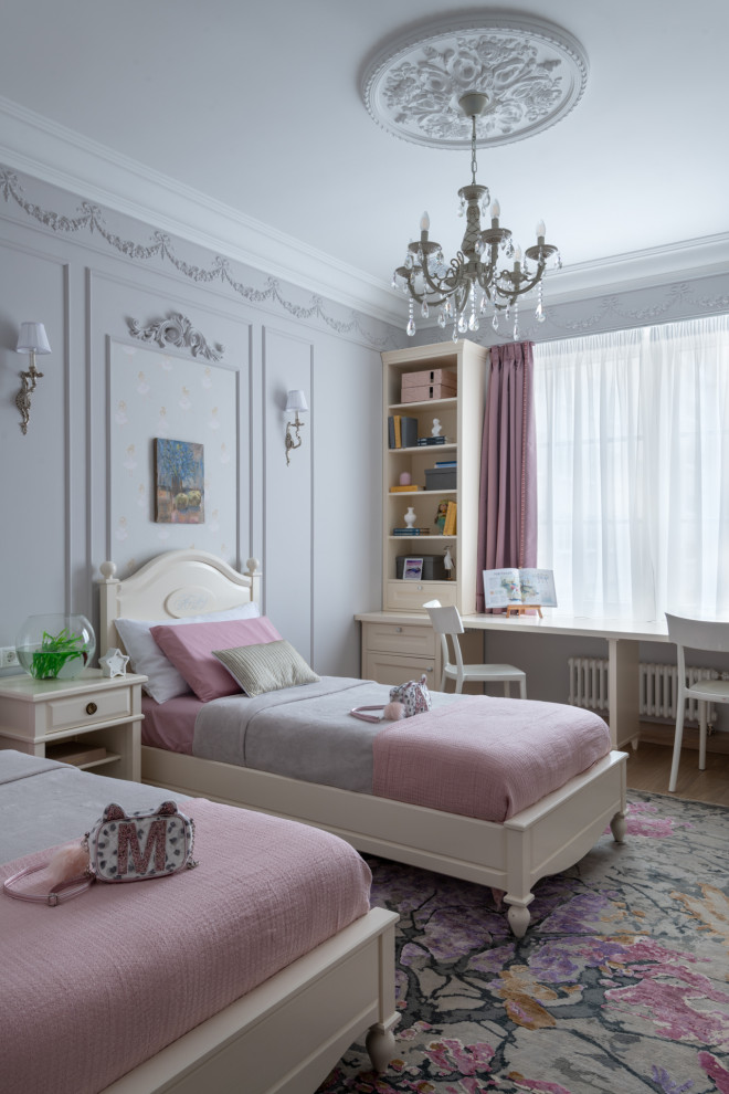 Bild på ett funkis flickrum kombinerat med sovrum, med grå väggar