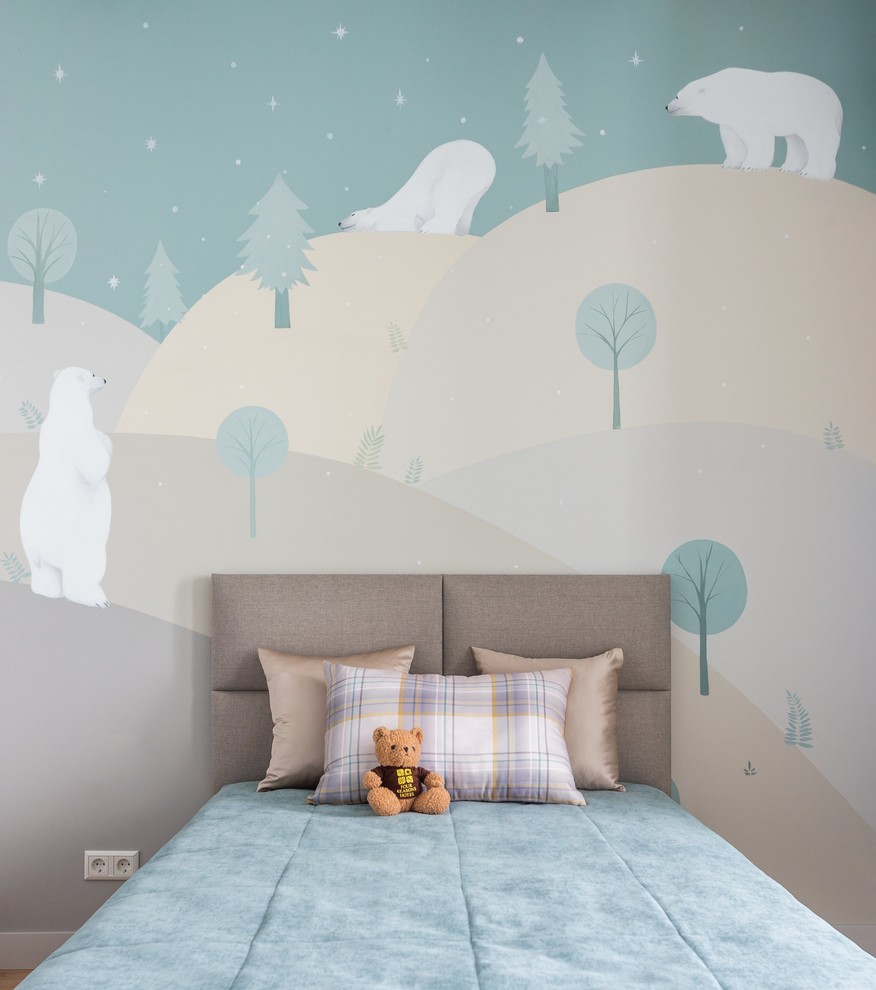 Bild på ett mellanstort funkis barnrum kombinerat med sovrum, med blå väggar, laminatgolv och beiget golv