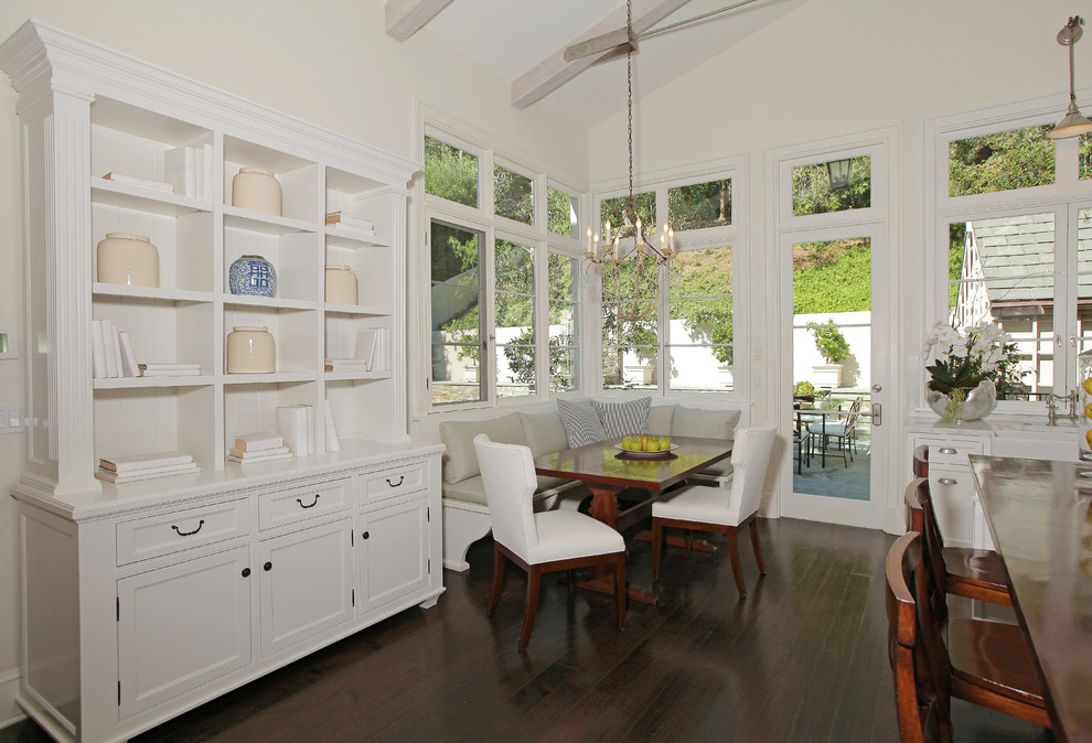 Design ideas for a classic dining room in Los Angeles with white walls and dark hardwood flooring.