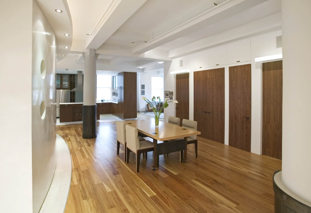 Inspiration for a contemporary kitchen/dining room in New York with white walls and medium hardwood flooring.
