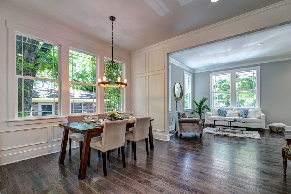 Photo of a medium sized traditional dining room in Charlotte with white walls, dark hardwood flooring, no fireplace and brown floors.