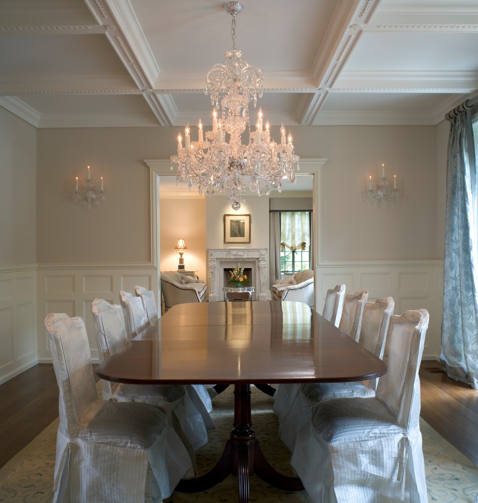 Elegant dark wood floor dining room photo in Philadelphia with beige walls