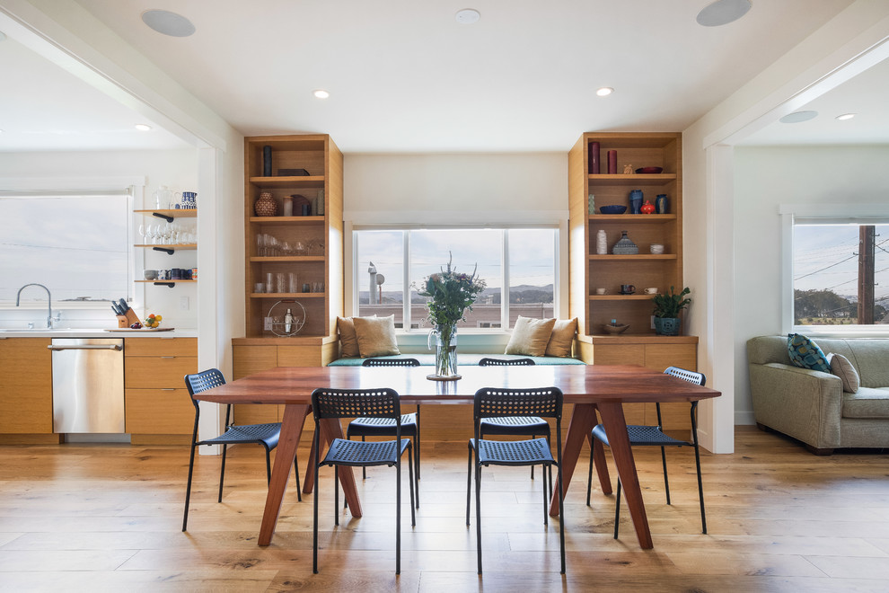 Ispirazione per una sala da pranzo aperta verso il soggiorno moderna di medie dimensioni con pareti bianche, pavimento in legno massello medio e pavimento marrone