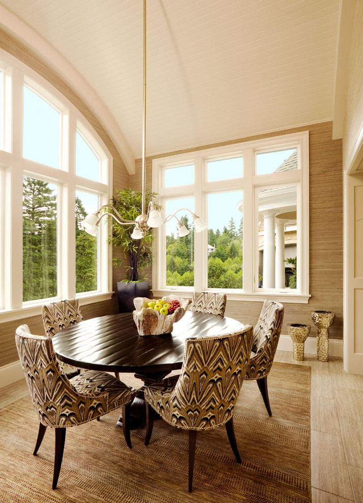 Inspiration for a timeless dining room remodel in Portland with brown walls