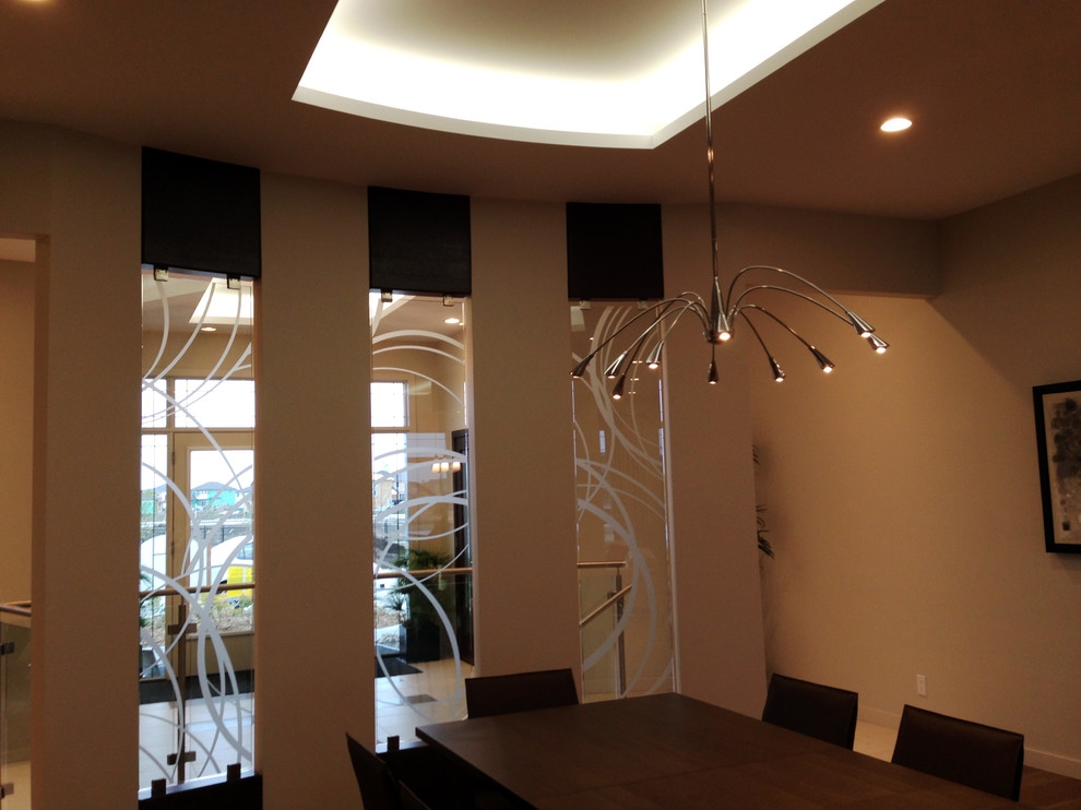 Offenes, Mittelgroßes Modernes Esszimmer mit weißer Wandfarbe und dunklem Holzboden in Sonstige