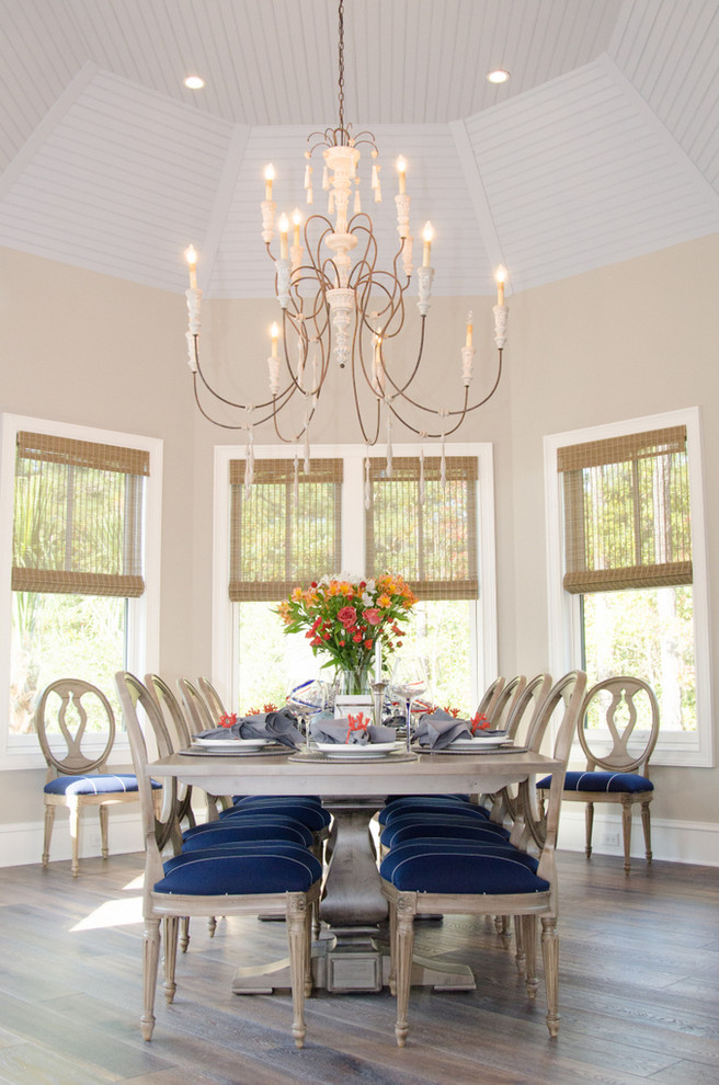 Inspiration for a medium sized traditional dining room in Other with beige walls and light hardwood flooring.