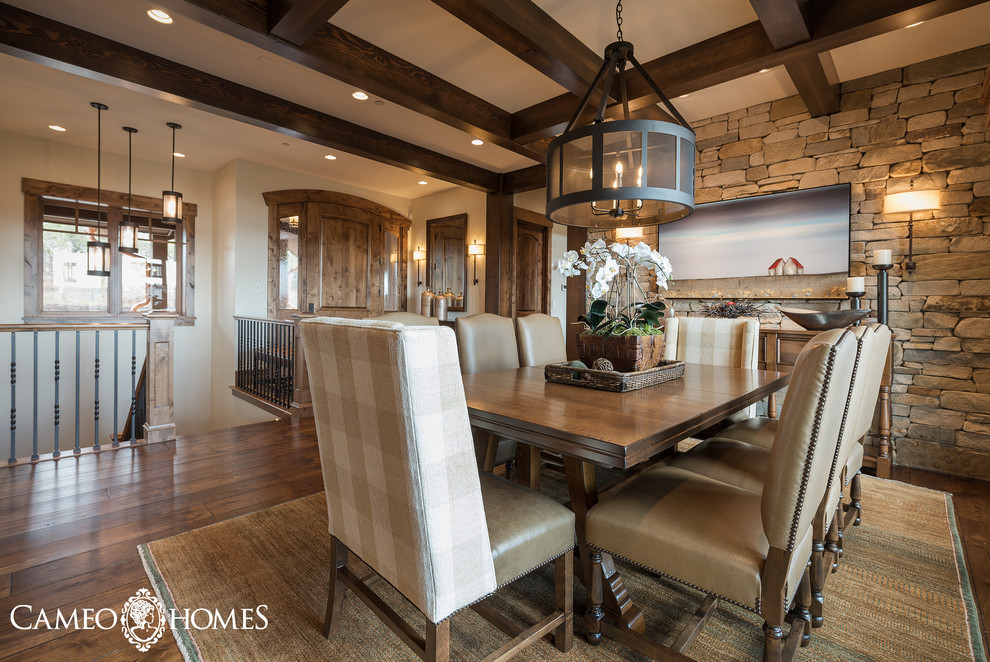 Inspiration for a medium sized rustic open plan dining room in Salt Lake City with grey walls, medium hardwood flooring and no fireplace.