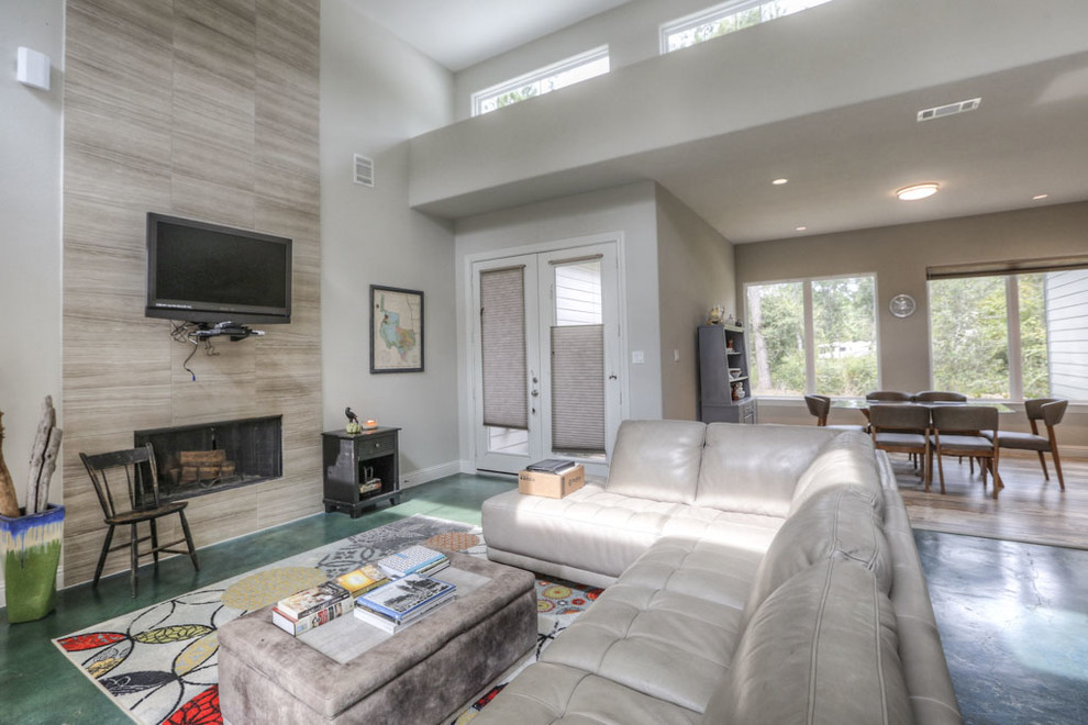 Mittelgroße Moderne Wohnküche mit grauer Wandfarbe, Vinylboden und buntem Boden in Houston