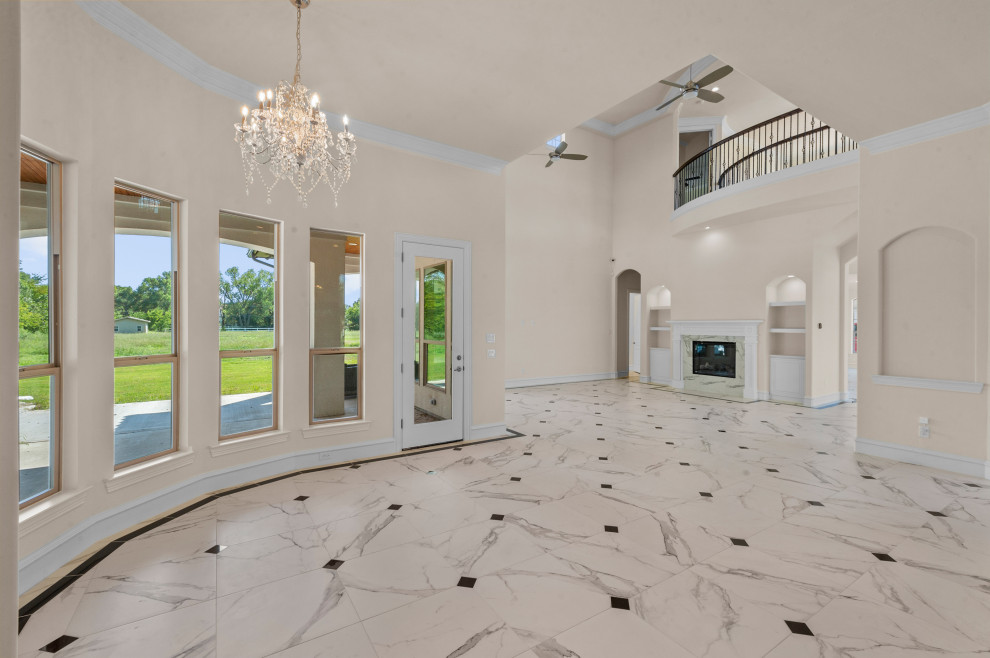 Example of a mid-sized tuscan porcelain tile and white floor breakfast nook design in Dallas with white walls