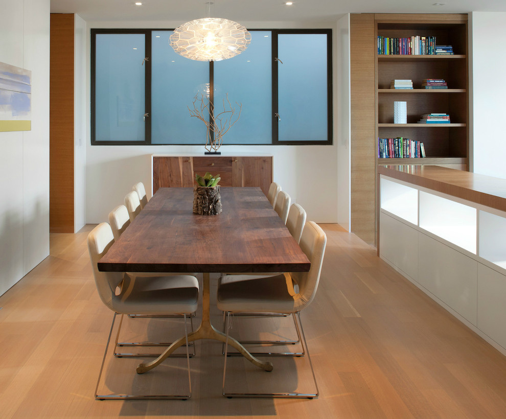 Imagen de comedor contemporáneo de tamaño medio cerrado sin chimenea con paredes blancas y suelo de madera en tonos medios