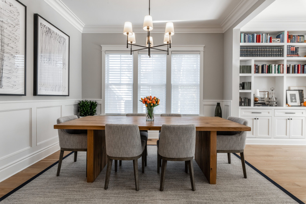 Great room - mid-sized transitional beige floor and wainscoting great room idea in DC Metro with gray walls