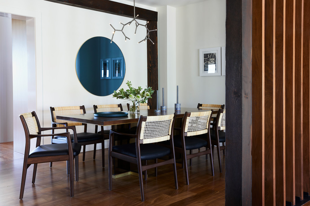 Contemporary dining room in San Francisco with white walls, medium hardwood flooring and brown floors.