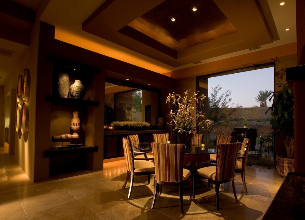 This is an example of an expansive contemporary open plan dining room in Other with brown walls and travertine flooring.