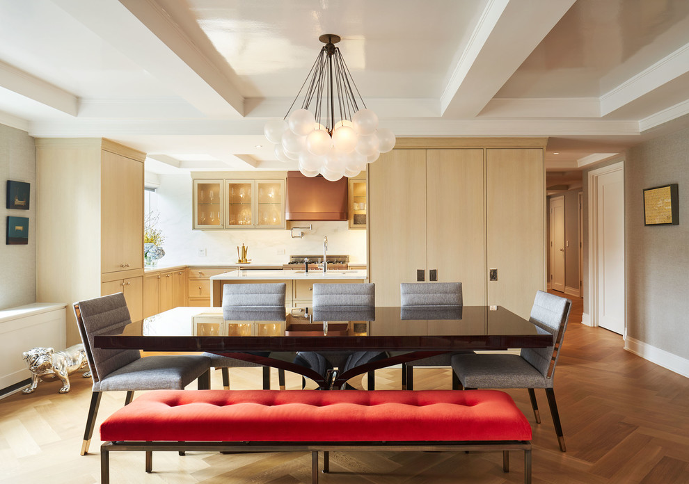 Inspiration for a contemporary light wood floor dining room remodel in New York with gray walls and no fireplace