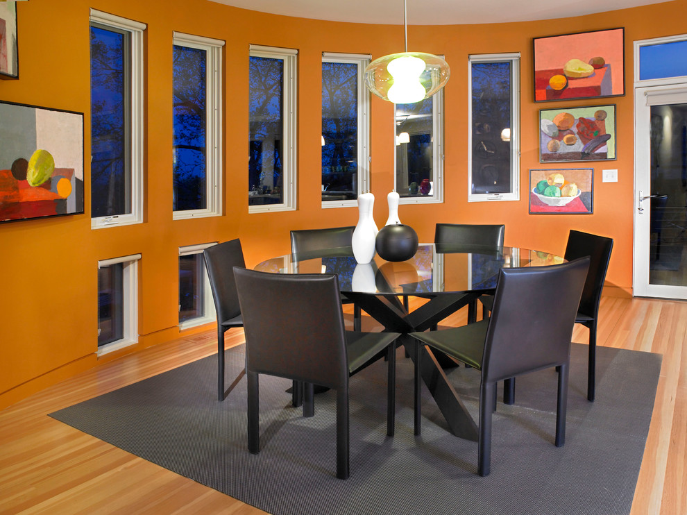 Foto de comedor contemporáneo con parades naranjas y suelo de madera en tonos medios