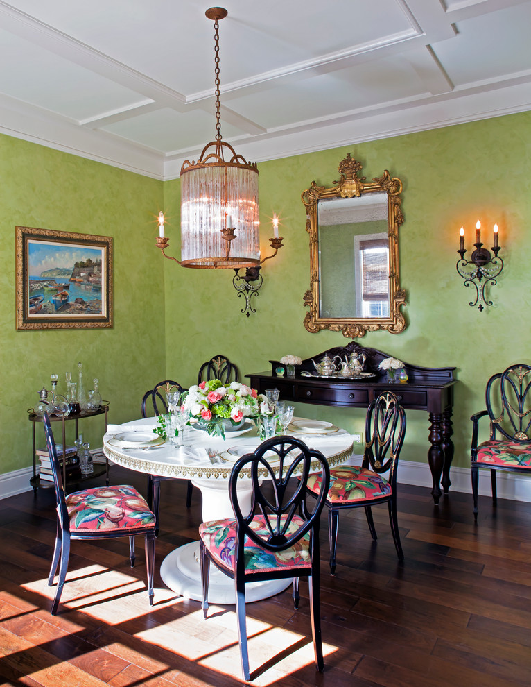 Photo of a traditional dining room in Miami with grey walls, dark hardwood flooring and no fireplace.
