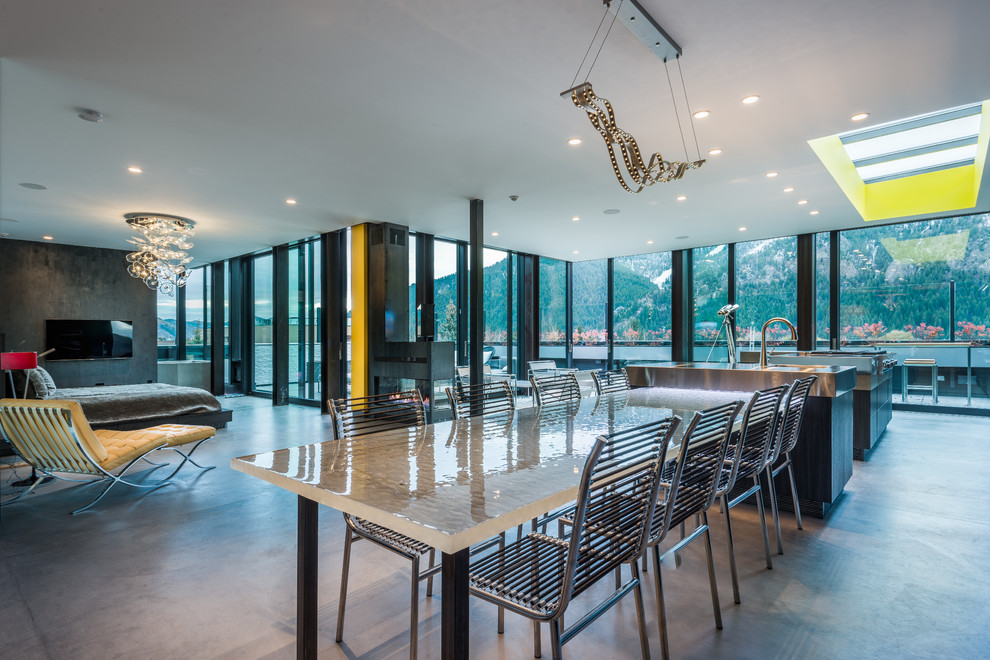 Стильный дизайн: столовая в стиле модернизм с бетонным полом, двусторонним камином и фасадом камина из металла - последний тренд