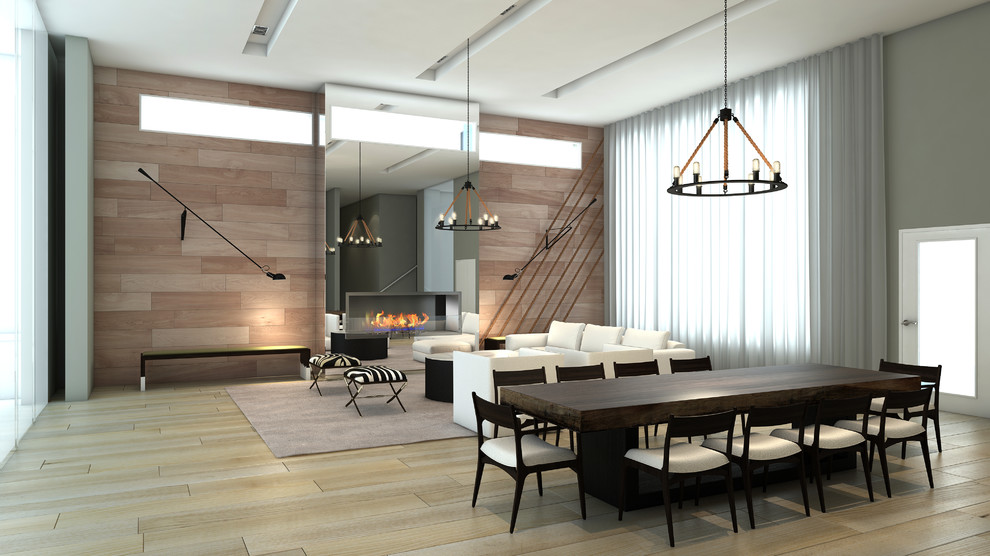 Offenes, Großes Modernes Esszimmer mit grauer Wandfarbe, hellem Holzboden, Gaskamin und beigem Boden in Miami