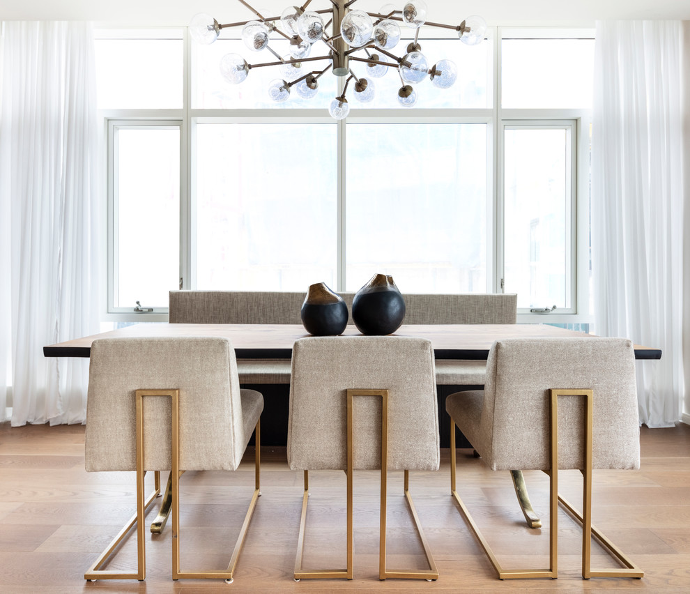 Inspiration for a contemporary dining room in New York with light hardwood flooring, no fireplace and beige floors.