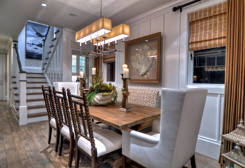 Dining room - traditional dark wood floor dining room idea in Orange County with white walls