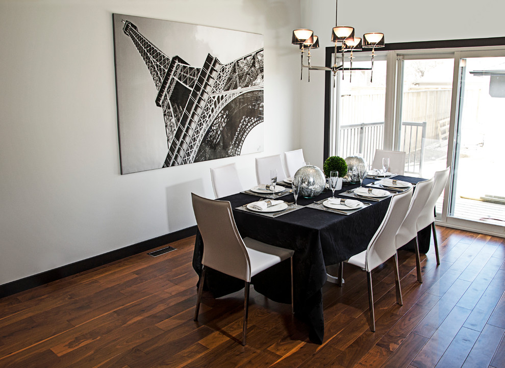 This is an example of a large contemporary enclosed dining room in Other with white walls, dark hardwood flooring, no fireplace and brown floors.