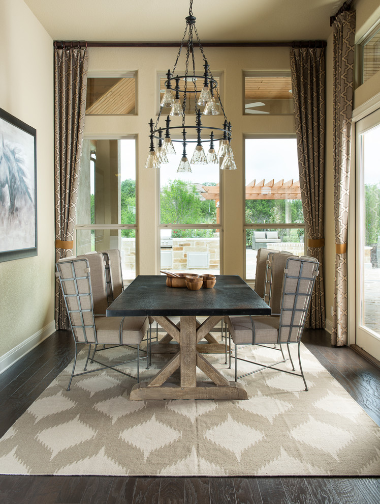 Photo of a traditional dining room in Austin with beige walls and dark hardwood flooring.