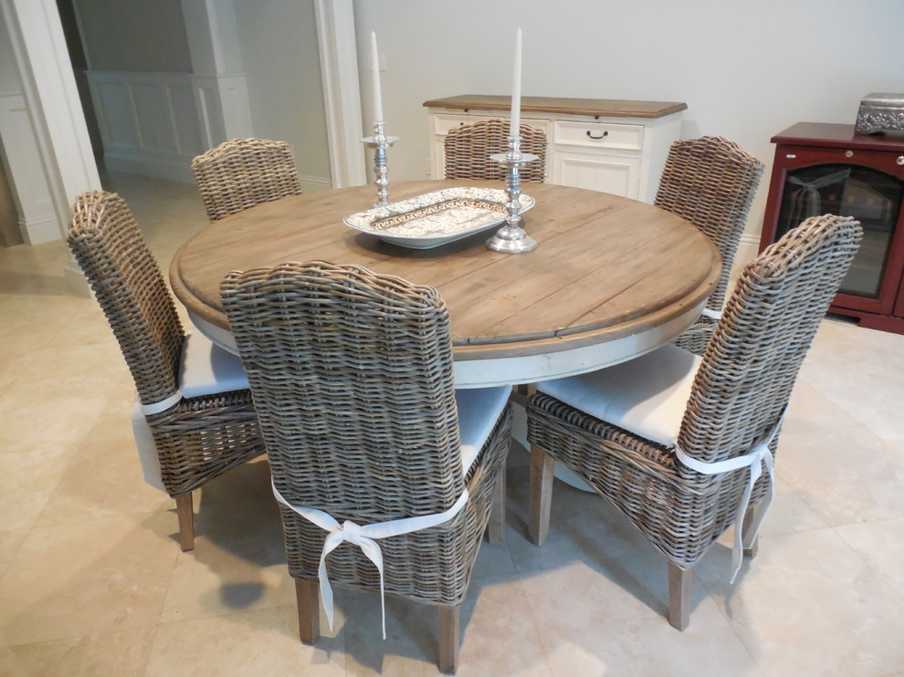 60" DINING TABLE WITH GREY WICKER CHAIRS - Beach Style - Dining Room