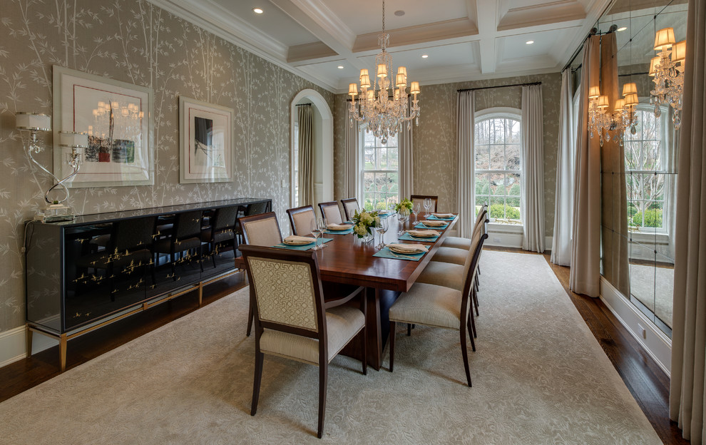 Design ideas for a classic enclosed dining room in New York with beige walls, dark hardwood flooring and brown floors.
