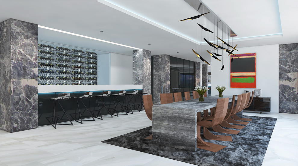 Idee per un'ampia sala da pranzo aperta verso la cucina moderna con pareti bianche, pavimento in marmo, pavimento bianco e soffitto a volta