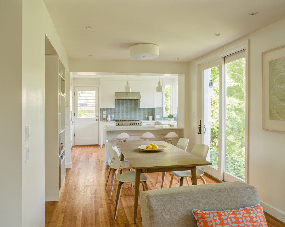 Mittelgroße Moderne Wohnküche mit weißer Wandfarbe, hellem Holzboden, Kamin und verputzter Kaminumrandung in New York