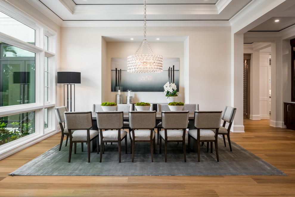 Traditional dining room in Miami with white walls, medium hardwood flooring, brown floors and feature lighting.