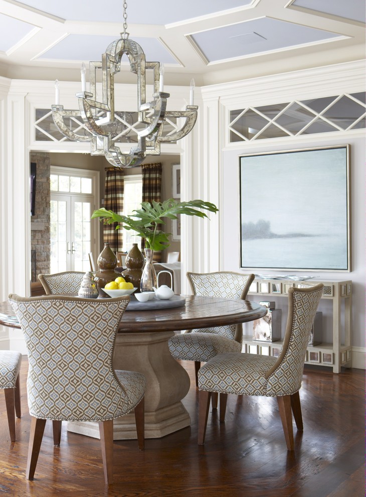 Inspiration for a medium sized traditional enclosed dining room in New York with white walls, dark hardwood flooring and brown floors.