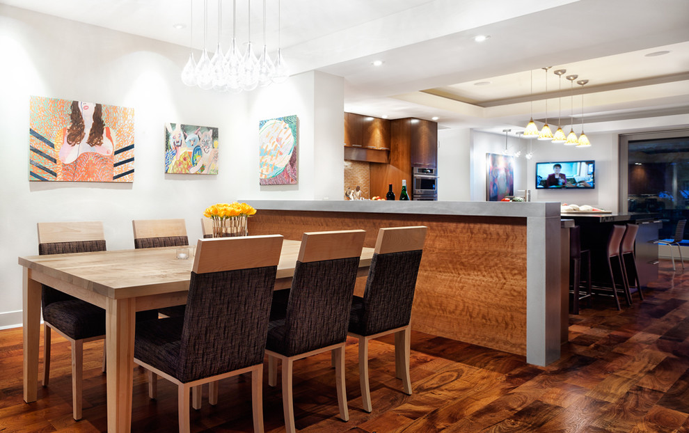 Cette image montre une salle à manger design avec un mur blanc et un sol en bois brun.