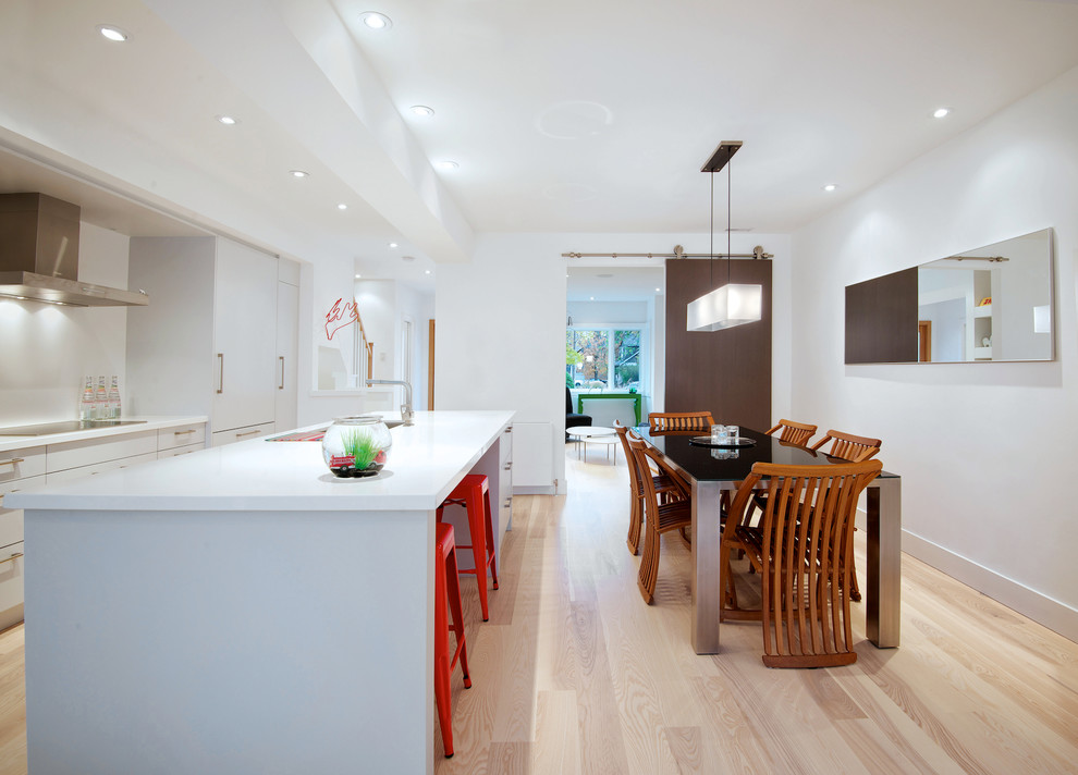 Kleine Moderne Wohnküche ohne Kamin mit weißer Wandfarbe und hellem Holzboden in Toronto