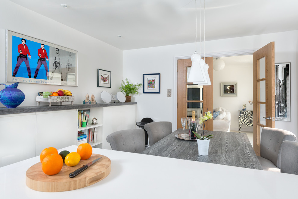 Design ideas for a medium sized contemporary kitchen/dining room in Devon with ceramic flooring.