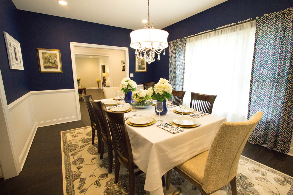 Medium sized classic kitchen/dining room in New York with blue walls and ceramic flooring.