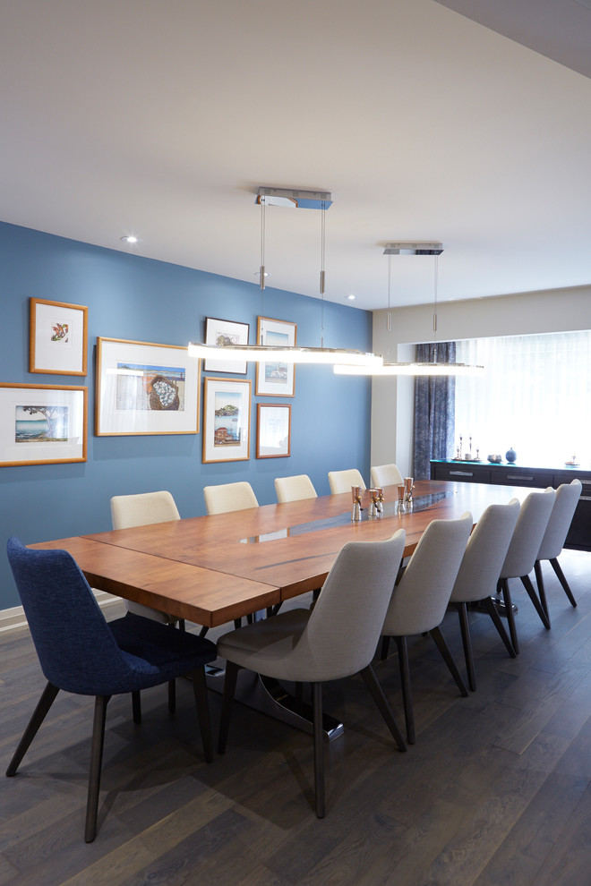 На фото: большая гостиная-столовая в современном стиле с синими стенами, паркетным полом среднего тона и серым полом с