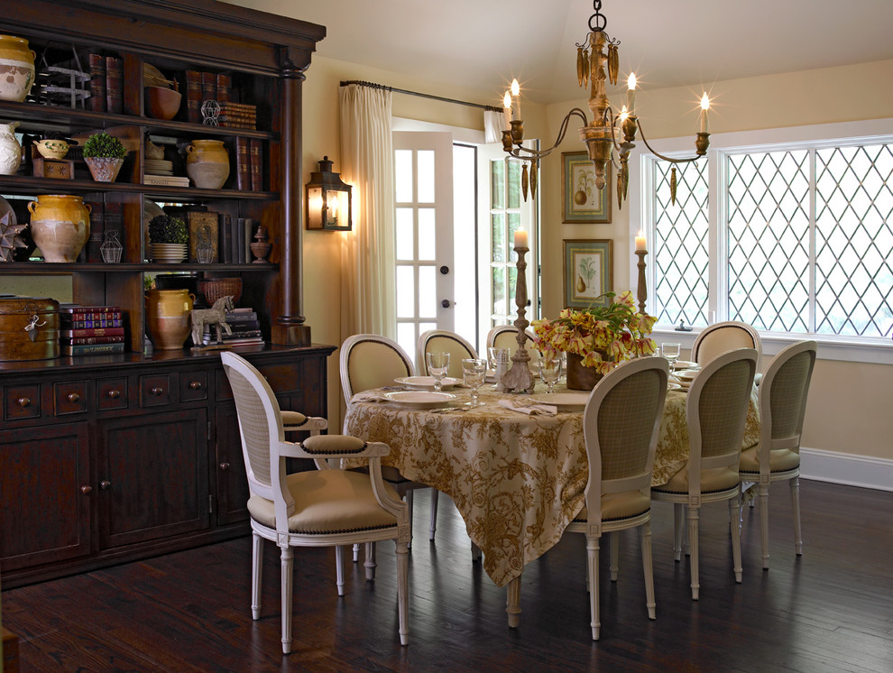 Mid-sized farmhouse dark wood floor dining room photo in New York with beige walls
