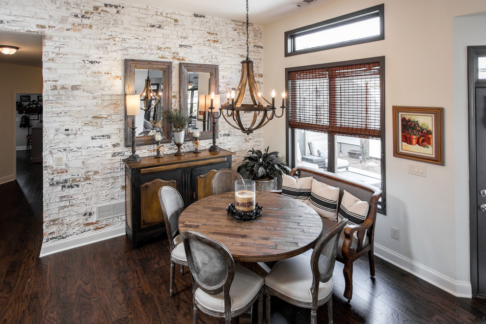 Mid-sized transitional dark wood floor and brown floor dining room photo in Atlanta with beige walls and no fireplace